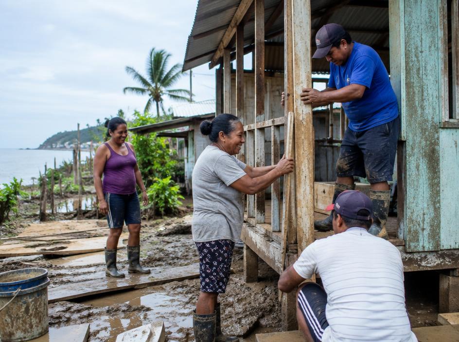 Vecinos colaborando para reparar una vivienda