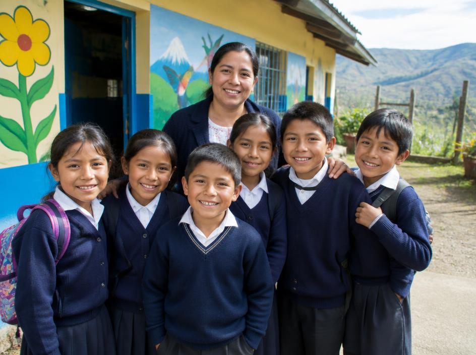 Niños y su maestra frente a su escuela